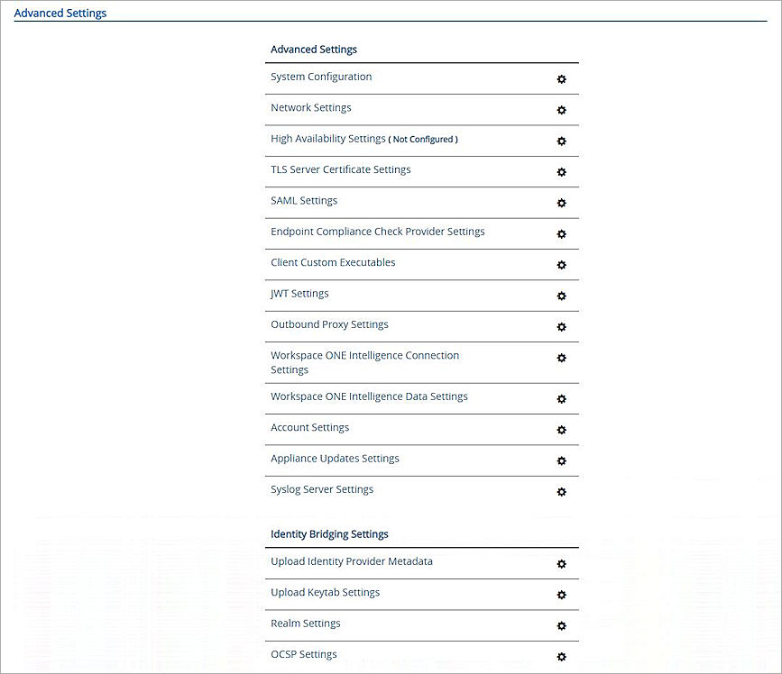 Screenshot of unified access gateway advanced settings page.